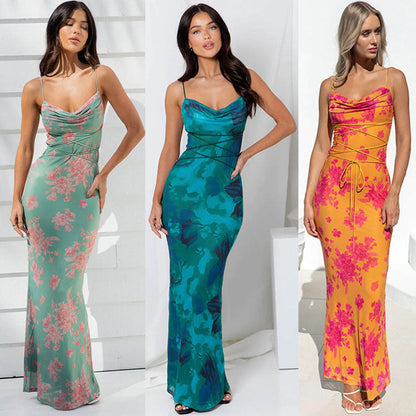Women's Summer Sexy Backless Tie-Waist Bodycon Printed Spaghetti Strap Dress