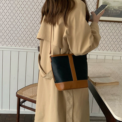 Retro Fashion Simple Texture Splicing Bucket Bag - Versatile Women's Shoulder & Crossbody Bag
