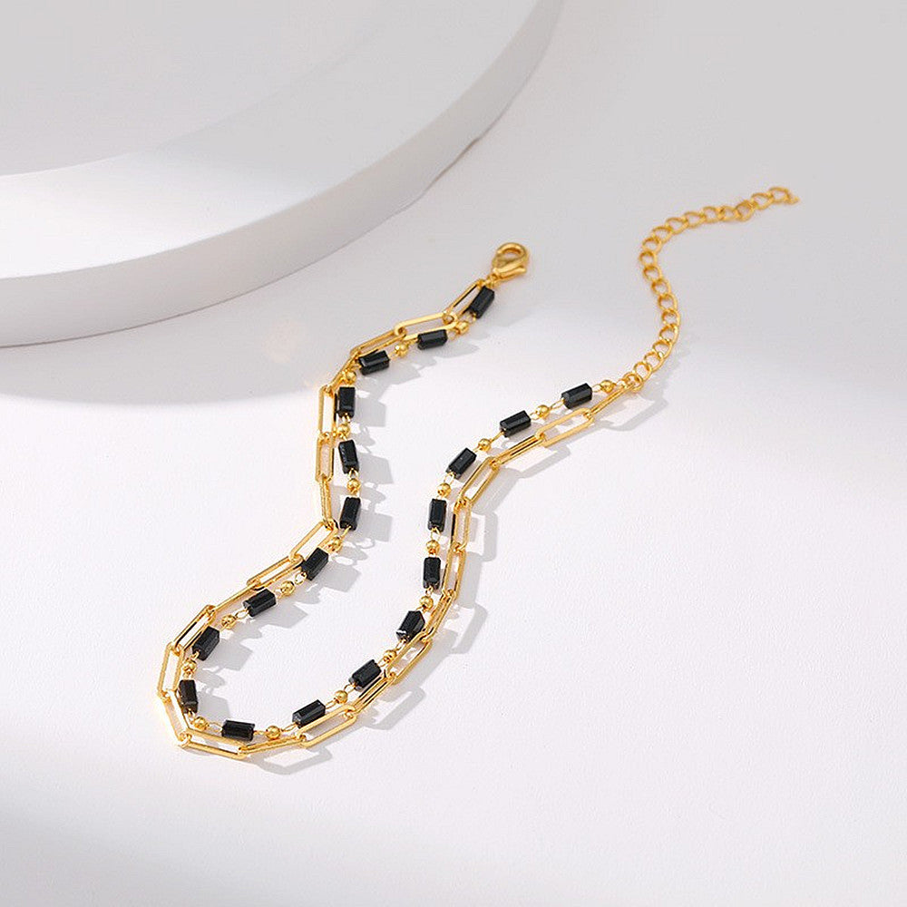 Beach Black Crystal Anklet Chain Layer Beaded Foot Bracelet