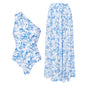 Swimsuit small fresh shoulder blue floral one-piece swimsuit suit women