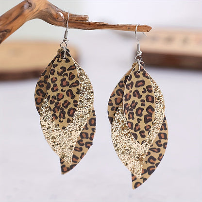 Bohemian Geometric Drop Earrings - Lightweight Faux Leather Leaf Design with Double-Sided Color & Triple Tassel Fringe