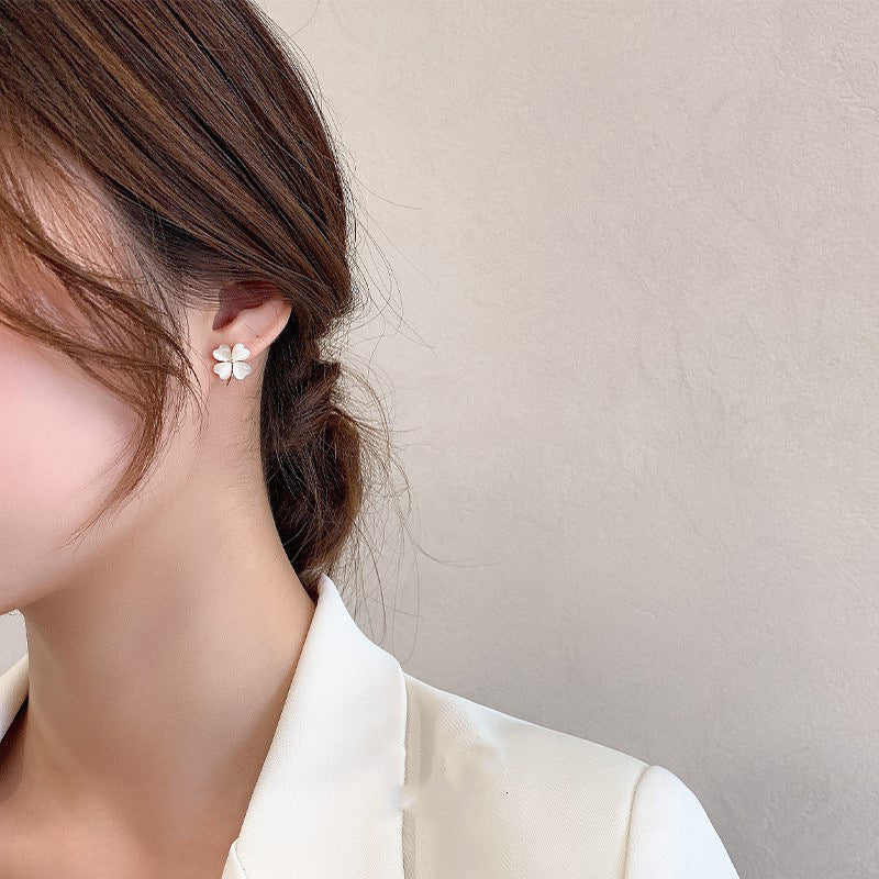 Elegant Opal Love Heart Four Leaf Clover Stud Earrings