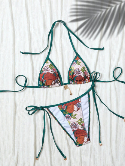 Split swimsuit female sexy small fresh print lace-up bikini sexy swimsuit female