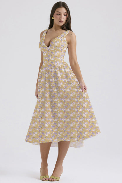 Summer Slim Suspender Long Dress Fashion Printed V-Neck Temperament Dress