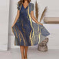 V Neck Bohemian Print Short Sleeve Dress - Flowy Casual Summer Dress with Elastic Waist