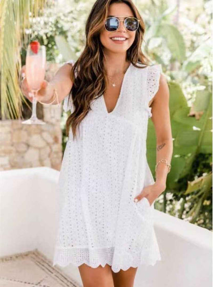 Lace jacquard hollowed V-neck dress