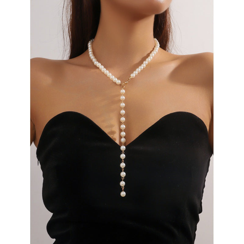Vintage Round Bead Chain Beaded Necklace Simple Imitation Pearl Tassel