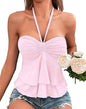 Sexy Lace Up Cross Sling Off-Shoulder Halter Pleated Ruffle Edge Solid Color Tube Top Drawstring Bust Tie Backless Halter Top