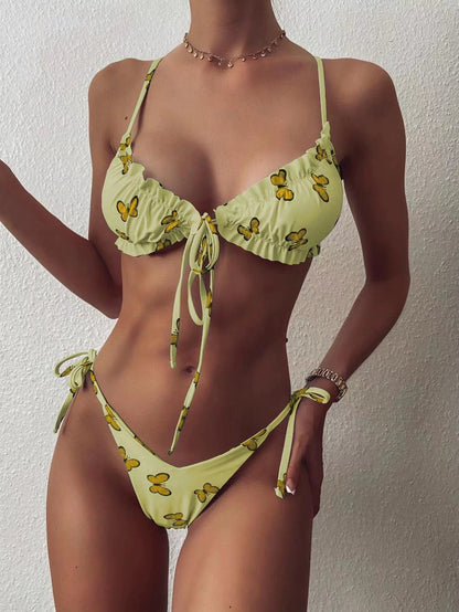 Swimsuit sexy lace-up women's print bikini bikini split swimsuit