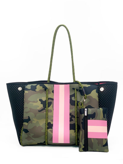 Camo Leopard Black Print Beach Tote – Women’s Neoprene Travel Bag, Diving Fabric Casual Handbag