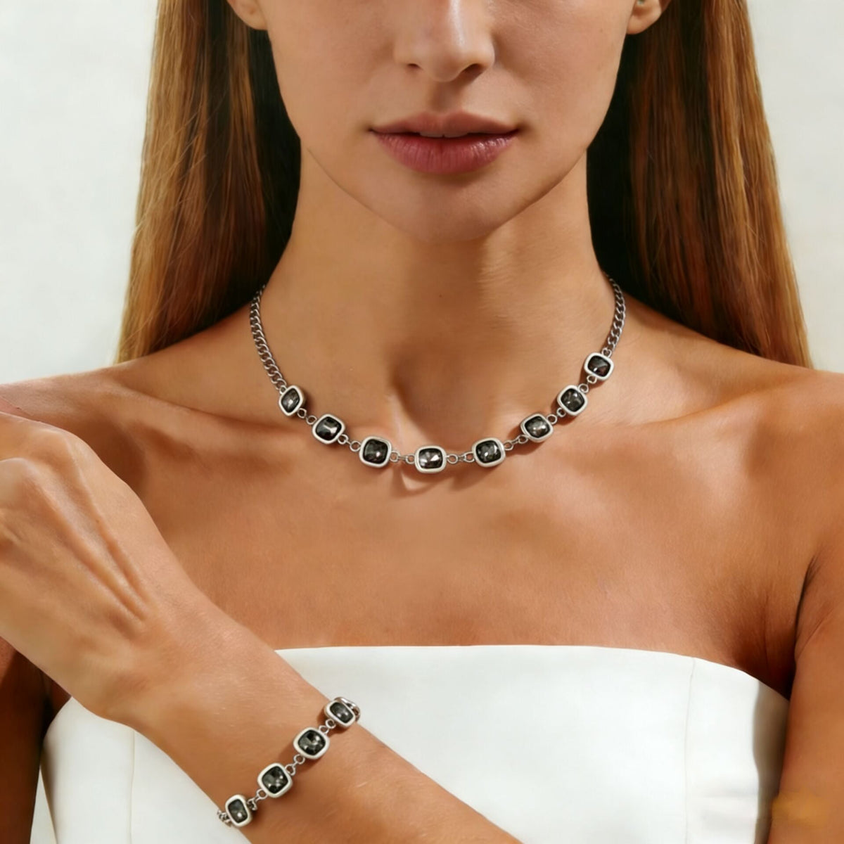 Luxury Irregular Acrylic Black Diamond Pendant Necklace & Bracelet Set Women Autumn Winter