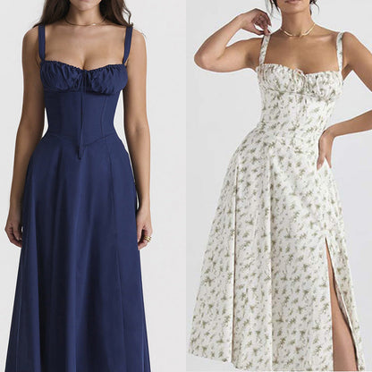 Sleeveless Strapless Bandage Corset Dress - Floral Print Long Midi Dress with Lace Up Back & Thigh Slit