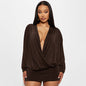 Fashion sexy deep V long sleeve solid color waist and hip wrap dress