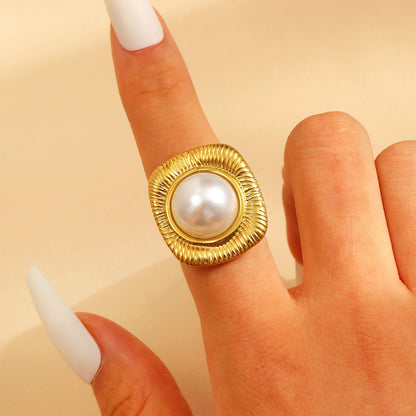 Adjustable Open Stainless Steel Pearl Ring, 18K Gold Plated Oval Baroque Ring