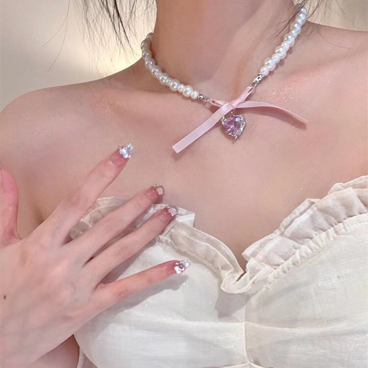 Sweet Love Bow Pearl Necklace Girls