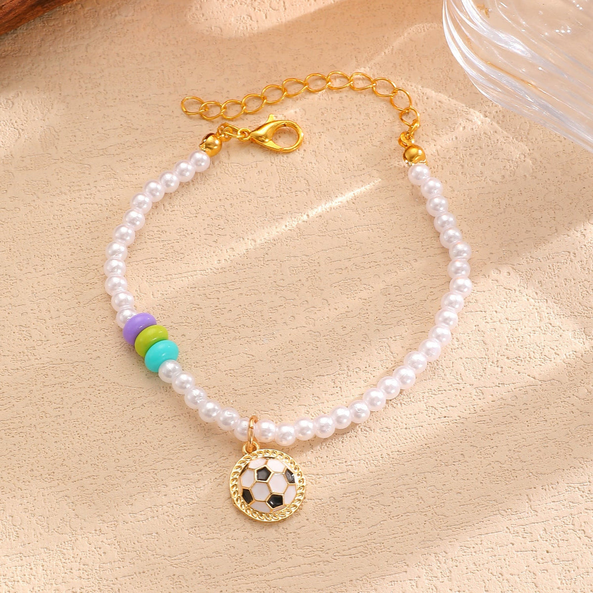 Sporty Soccer Football Rugby Pendant Pearl Beaded Necklace Bracelet Earrings Set