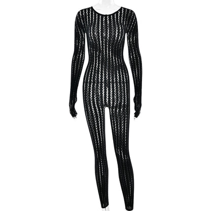 Sexy perspective summer perspective onesie fashion seamless striped jacquard one-piece long-sleeved one-piece trousers