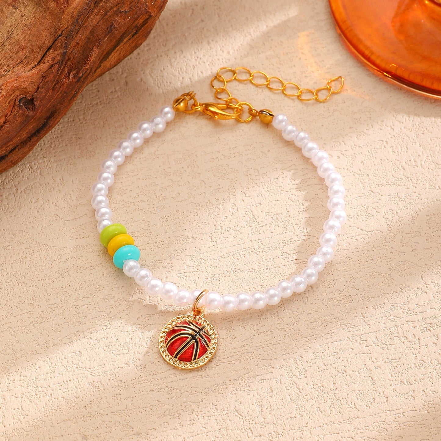 Sporty Soccer Football Rugby Pendant Pearl Beaded Necklace Bracelet Earrings Set