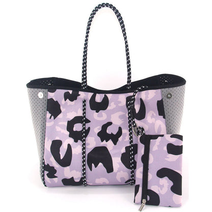 Camo Leopard Black Print Beach Tote – Women’s Neoprene Travel Bag, Diving Fabric Casual Handbag