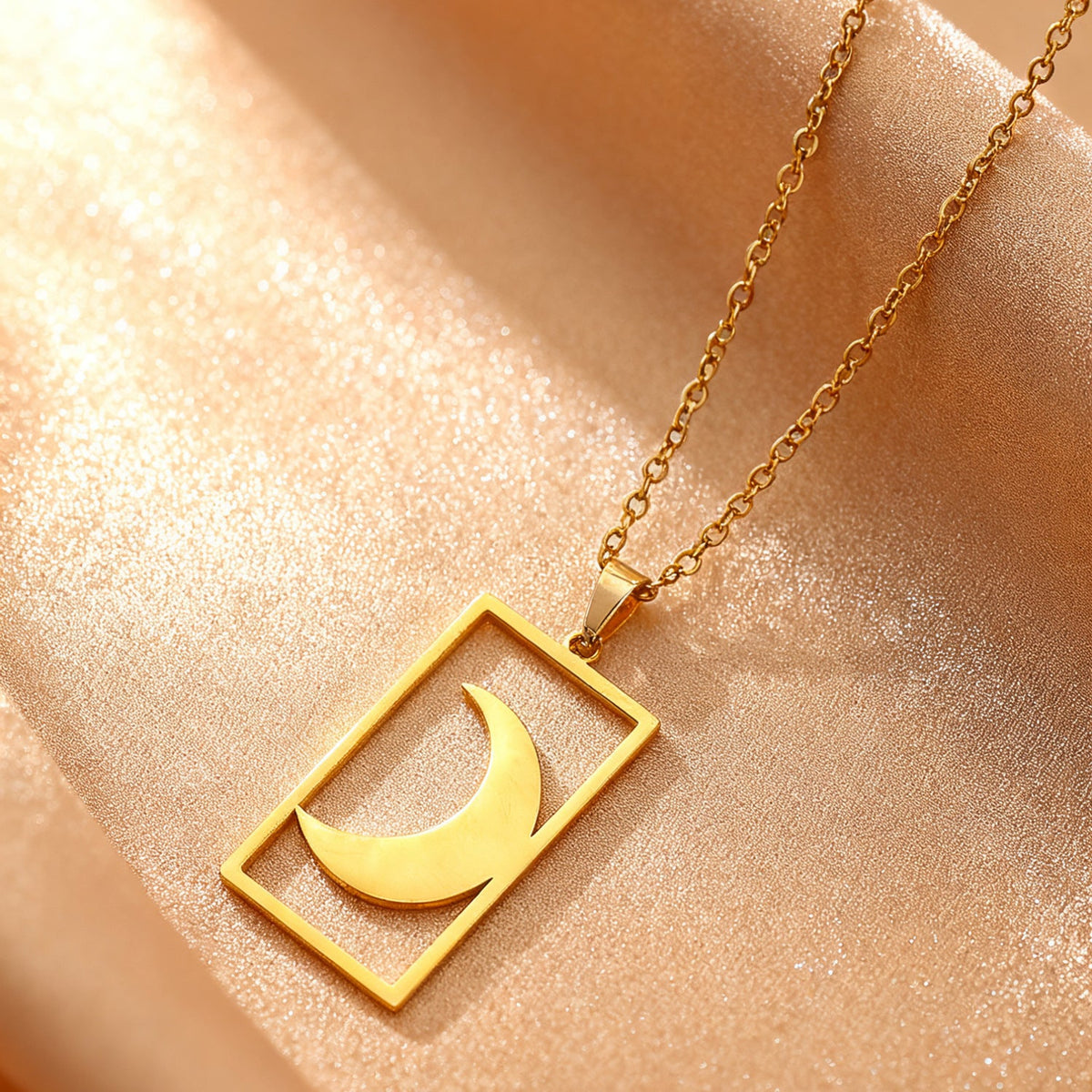 18K Gold Plated Sun Moon Hollow Geometric Square Pendant Stainless Steel Necklace