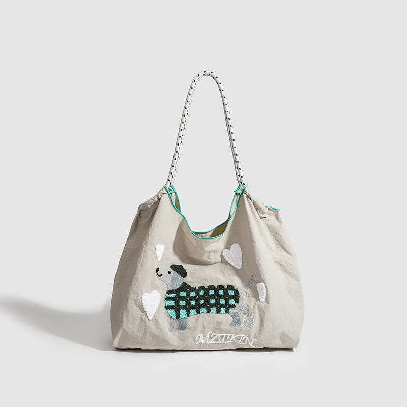 Large Capacity hobo bag with Embroidered Dog pattern, Shoulder bag Nylon, Shoulder shoulder Bag, Commuter hobo Bag Female