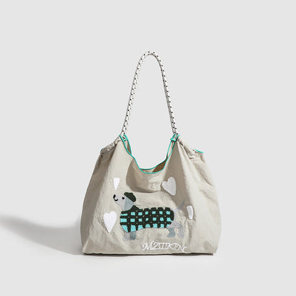 Large Capacity hobo bag with Embroidered Dog pattern, Shoulder bag Nylon, Shoulder shoulder Bag, Commuter hobo Bag Female