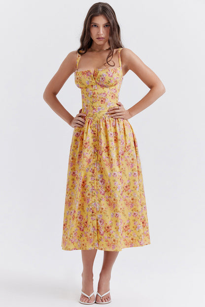 Floral Printed French Lace-Up Halter Dress - Sleeveless Spaghetti Strap Holiday Party Dress with Suspender Detail