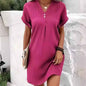 Solid Color Pullover Comfortable Casual Button Dress V-Neck Batwing Sleeve Dress