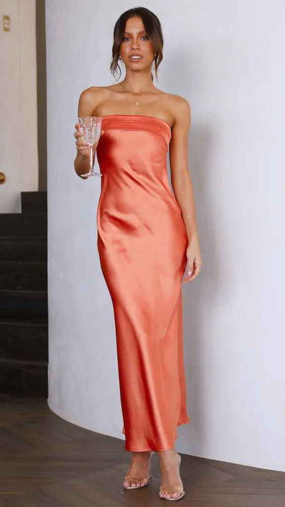 Satin Halter Backless Slit Midi Dress - Print High Neck Elastic Waist Wedding Guest Dress
