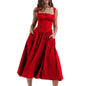 Floral Midi Corset Dress with Square Neck - Women's Smocked Lace-Up Sundress for Wedding Guest & Beach Holiday Parties