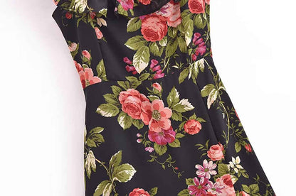 Slim and sexy side split waist mid-length dress, French retro square collar Print Chiffon Dress