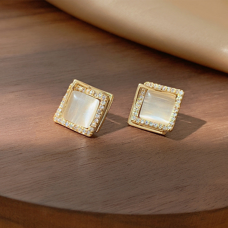 Geometric Opal Rhinestone Stud Earrings