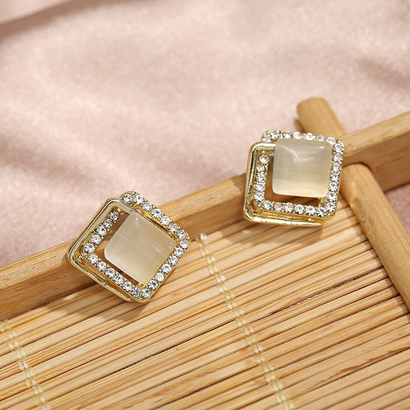 Geometric Opal Rhinestone Stud Earrings