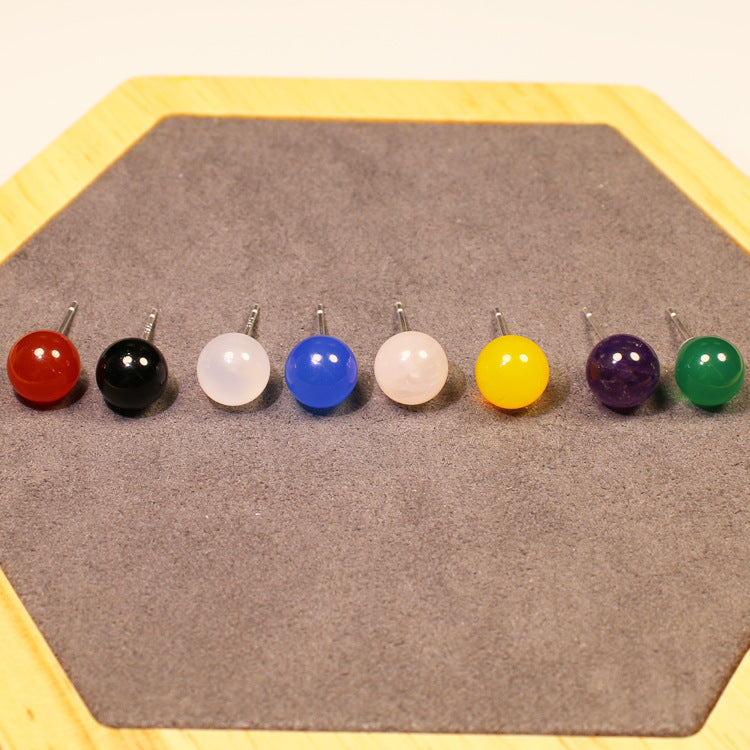Natural Agate Stud Earrings Simple Round Bead Earrings