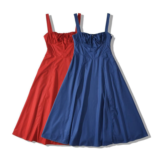 Square Neck Bustier Midi Dress - Low Cut Sleeveless Swing Sundress with Lace Trim & Spaghetti Straps