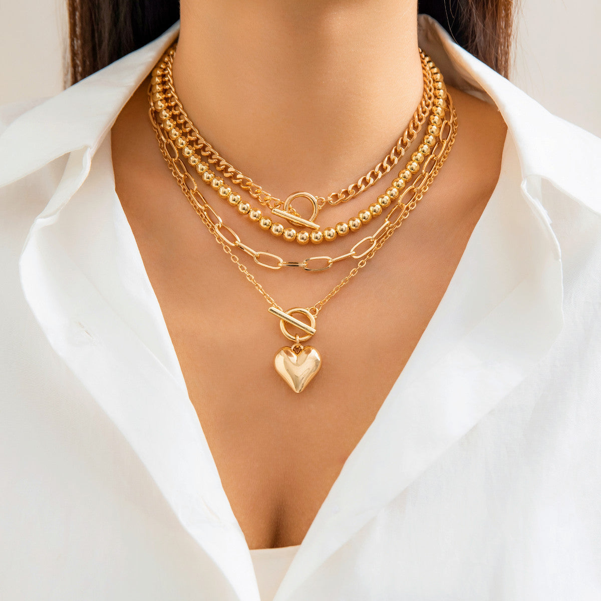 Multi Layer Chain Necklace Silver Round Beaded Necklace