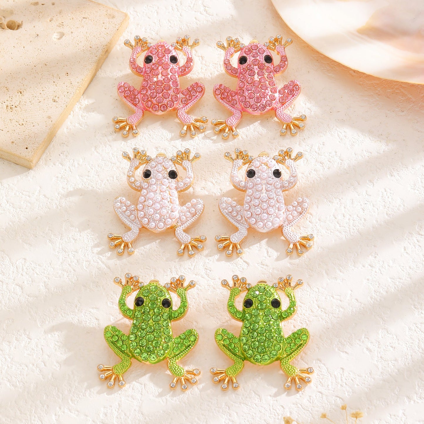 Fashion Creative Alloy Rhinestone Faux Pearl Frog Animal Stud Earrings