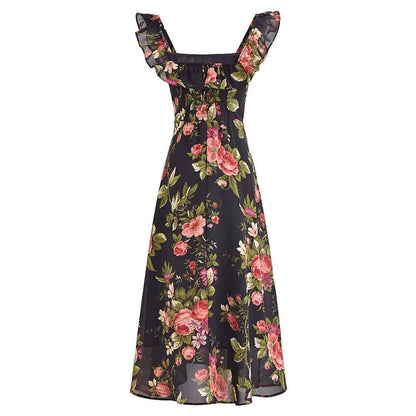 Slim and sexy side split waist mid-length dress, French retro square collar Print Chiffon Dress