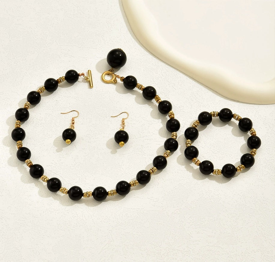 Retro Beaded Pearl Necklace Bracelet Earrings Jewelry Set