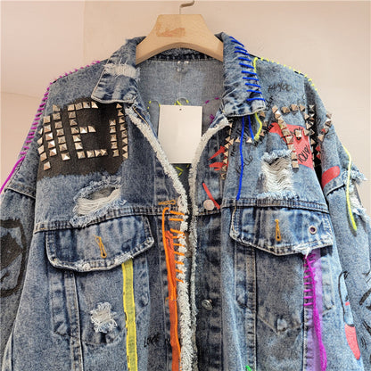 Women’s Distressed Denim Jacket – Cropped Loose-Fit Fall Coat, Printed Studded Jean Outerwear