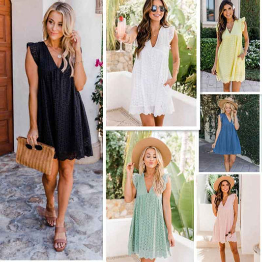Lace jacquard hollowed V-neck dress
