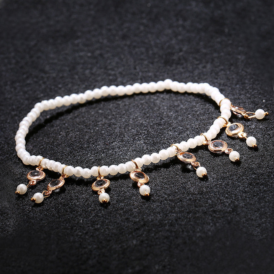 Summer Pearl Beaded Anklets Boho Crystal Tassel Ankle Bracelets