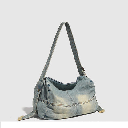 Washed old denim hobo bag, large capacity hobo shoulder bag, sweet cool babes shoulder Retro denim shoulder bag