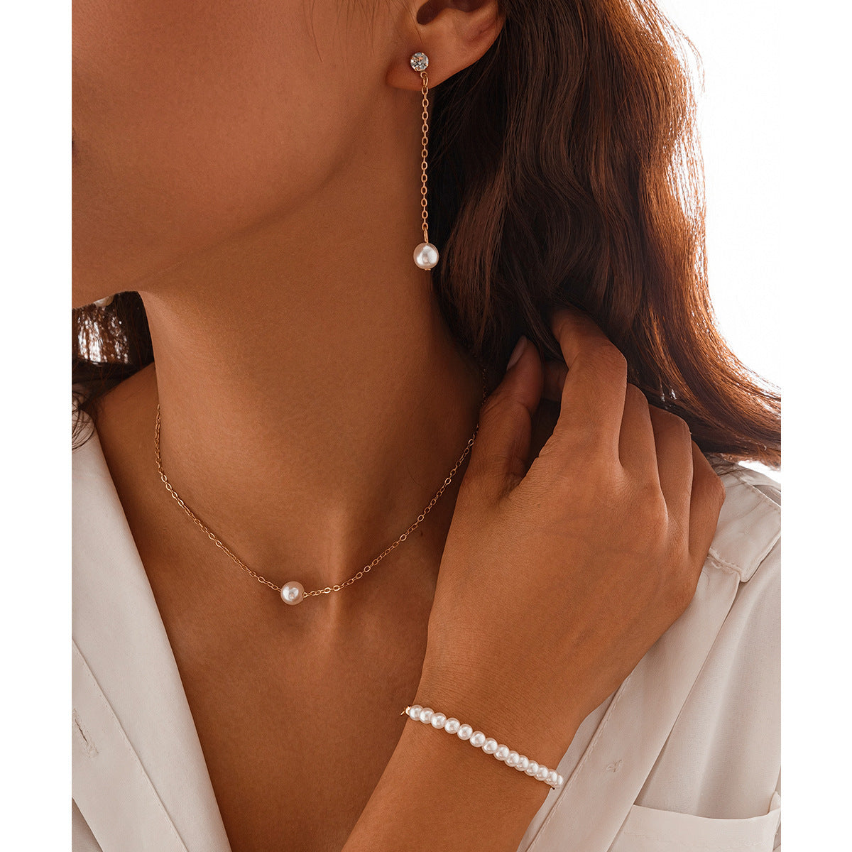 Elegant Imitation Pearl Chain Wed Bridal Jewelry Set