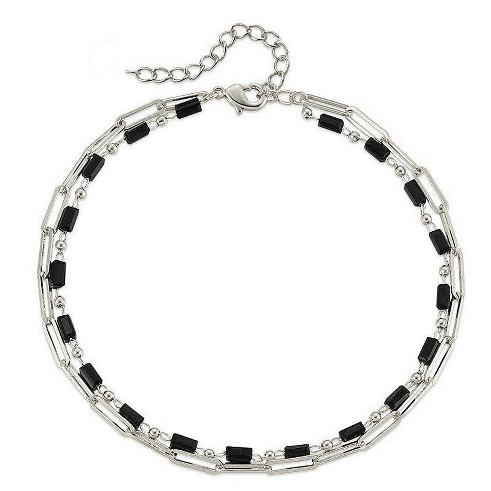 Beach Black Crystal Anklet Chain Layer Beaded Foot Bracelet