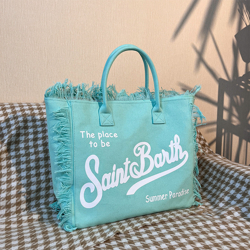 Large Beach Shoulder Commuter Tote – Handmade Fringe Denim Printed Bag, Casual Travel Shopper