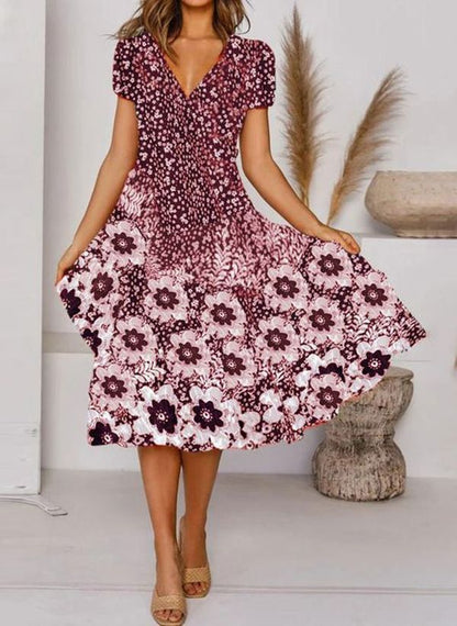 V Neck Bohemian Print Short Sleeve Dress - Flowy Casual Summer Dress with Elastic Waist