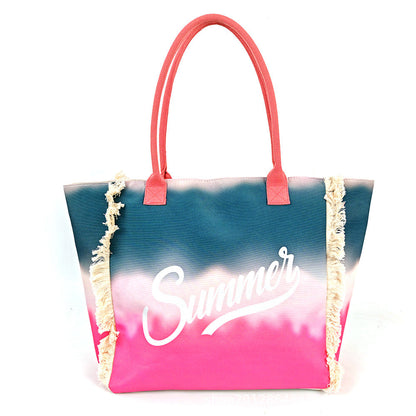 Fringe Tote Bag – Large Shoulder Printed Canvas Purse, Gradient Letter Hobo, Minimalist Commuter Bag
