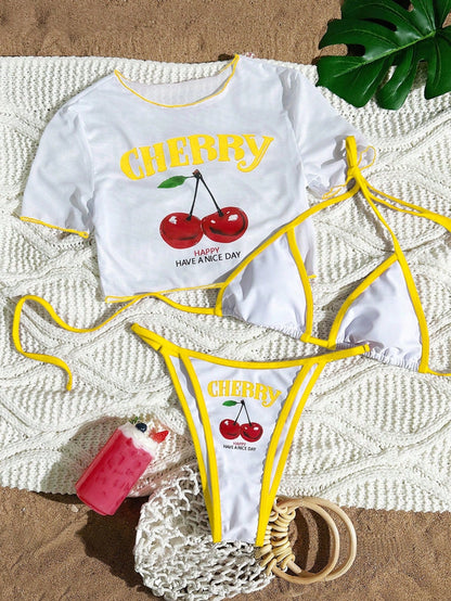 Women's Short Sleeve Slim Fit Two-Piece Swimsuit with Positioning Print Sexy Bikini Three-Piece Set