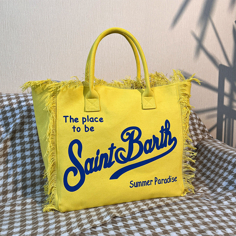 Large Beach Shoulder Commuter Tote – Handmade Fringe Denim Printed Bag, Casual Travel Shopper